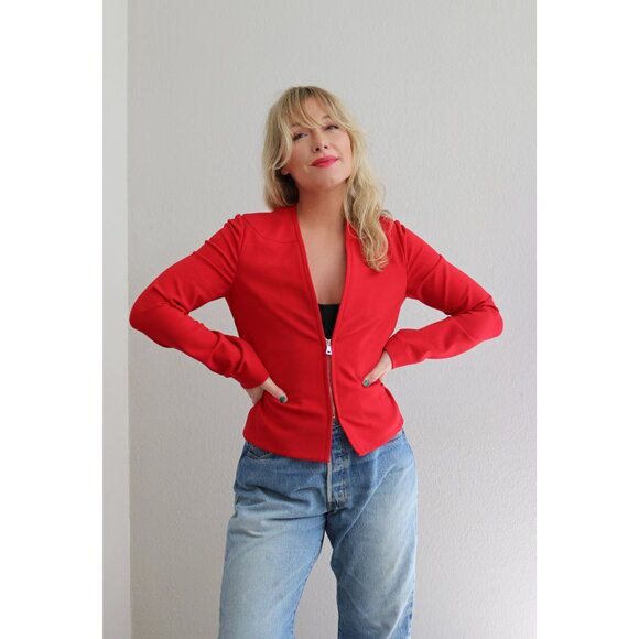 Valentino Italian Red Zip Up Viscose Jacket Women's Size Medium 8 Blazer Italy
